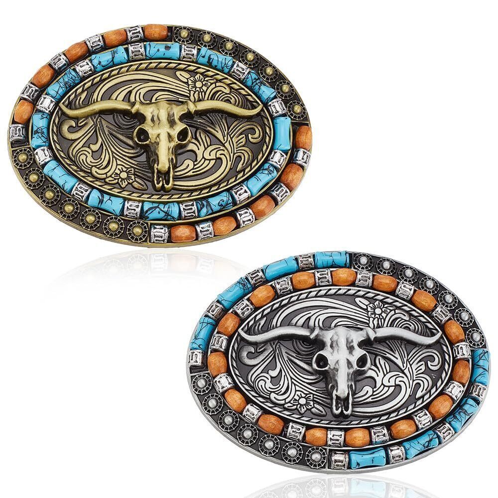 8002 2 Pcs Western Belt Buckle Cowboy Cowgirl Long Horn Bull Turquoise Belt